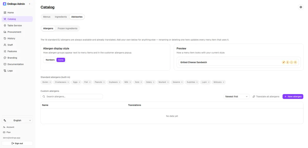 Ordingo admin Advisories page showing standard and custom allergen tags