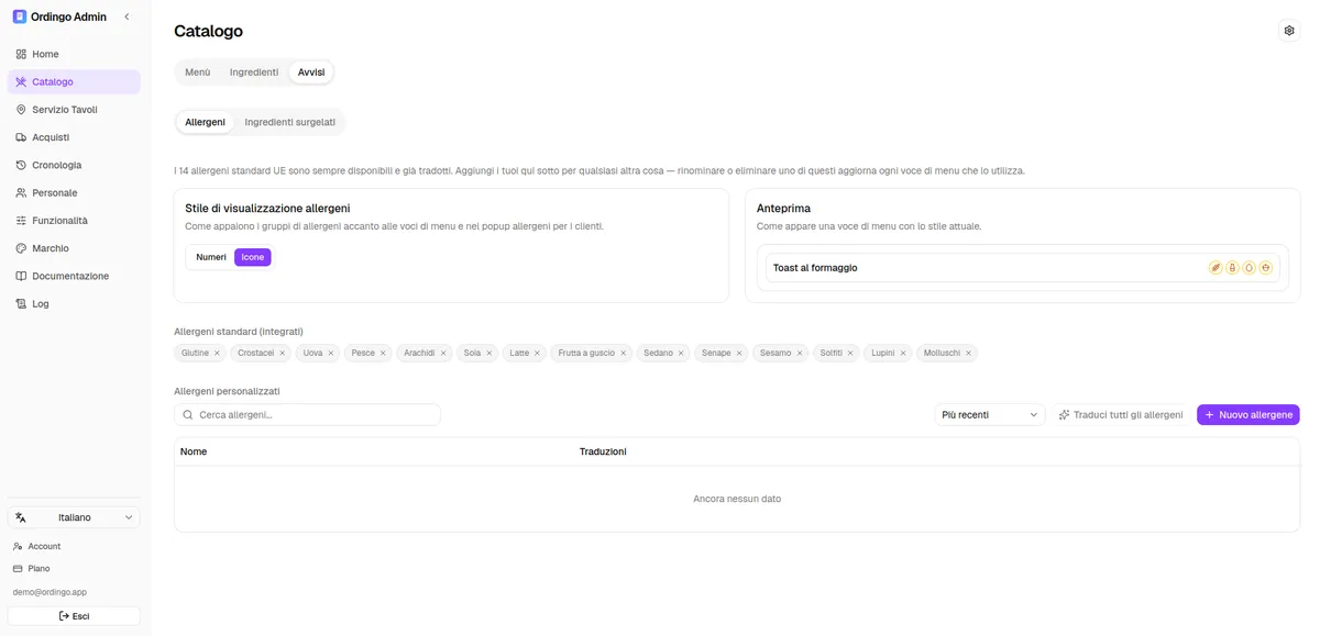 Pagina Avvisi dell'admin di Ordingo con i tag allergeni standard e personalizzati