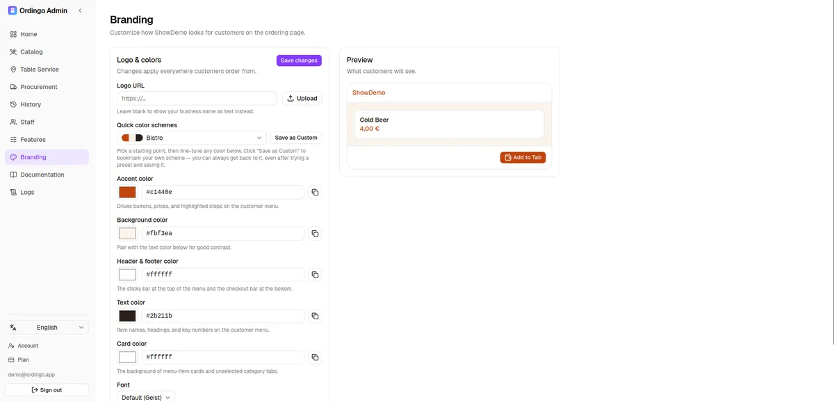 Ordingo admin branding settings showing logo, accent color, and background configuration