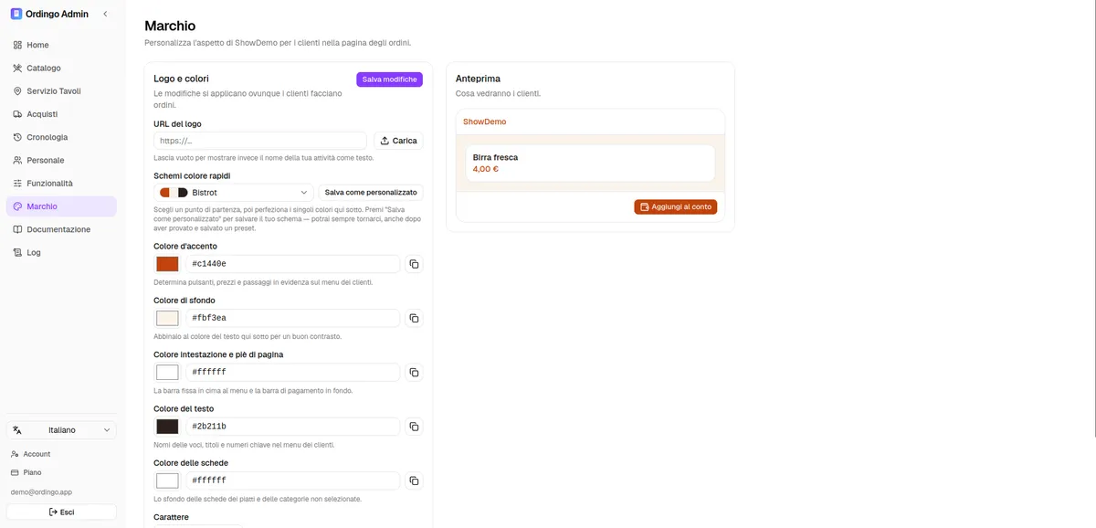 Impostazioni di branding dell'admin di Ordingo con configurazione di logo, colore e sfondo