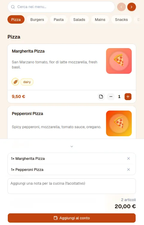 Vista carrello lato cliente di Ordingo con gli articoli selezionati e il totale prima del checkout