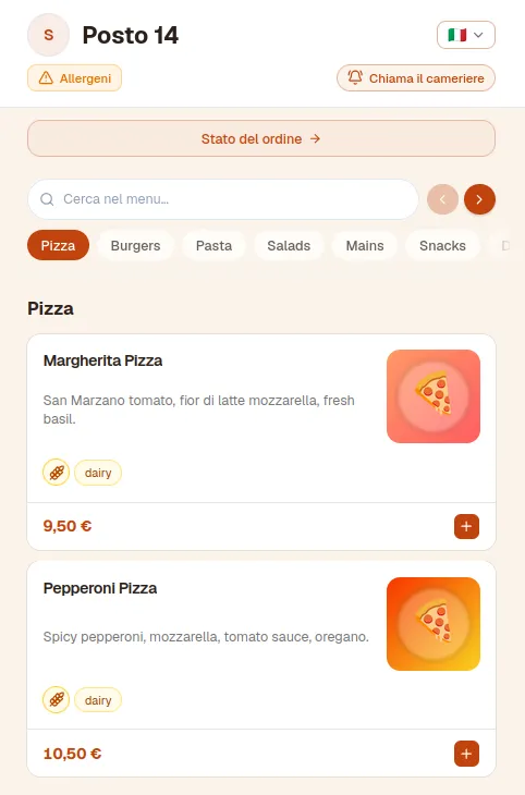 Menu mobile lato cliente di Ordingo con categorie, articoli e pulsante aggiungi al carrello